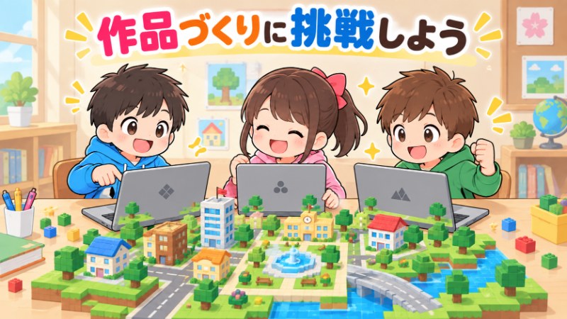 作品づくりに挑戦しよう 子供たちが協力してブロックのまちをつくるイメージ