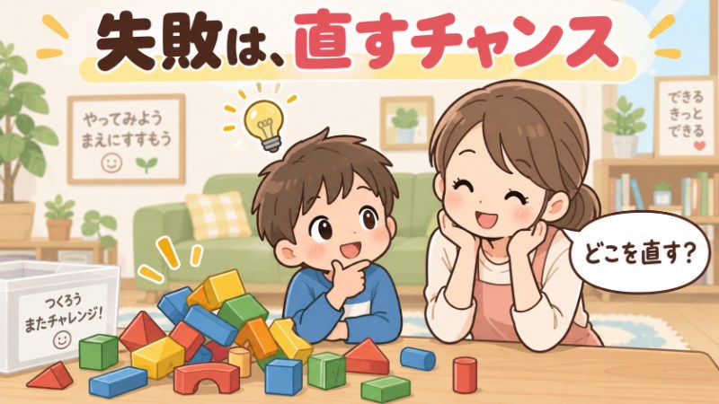 失敗は直すチャンス どこを直す?と声をかける親子のイメージ