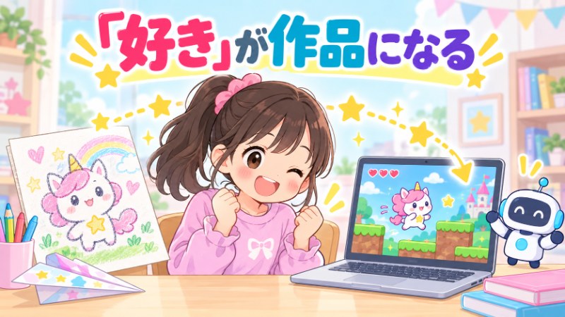 「好き」が作品になる お絵かきのキャラクターがゲームになるイメージ