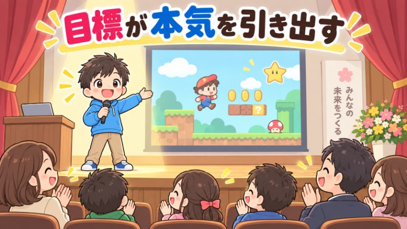 目標が本気を引き出す 発表会で作品を発表する子供のイメージ