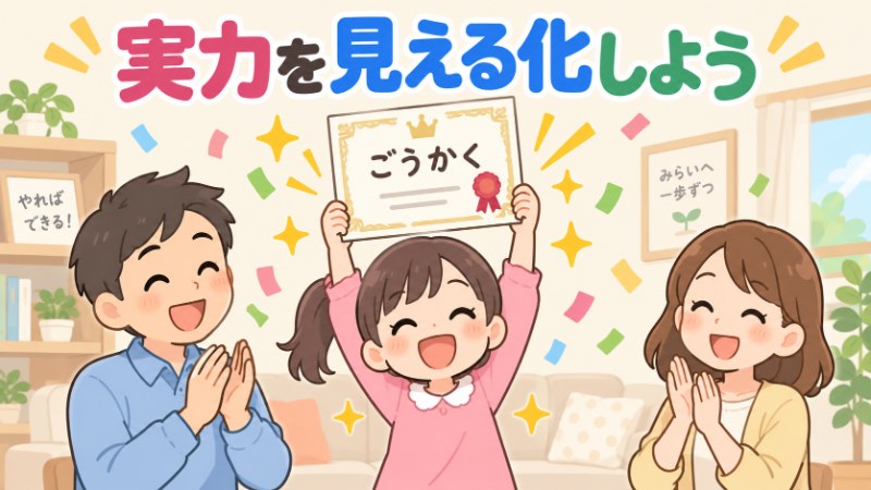実力を見える化しよう 検定合格証を掲げて喜ぶ子供と家族