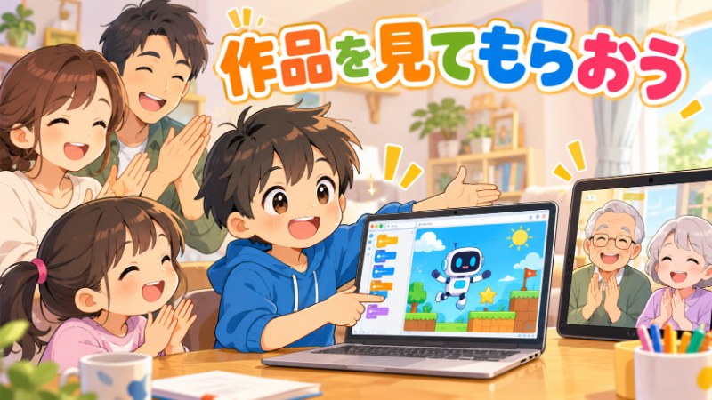 作品を見てもらおう 家族の前で作品を発表する子供のイラスト