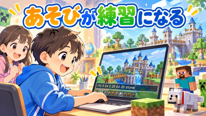 あそびが練習になる ゲームの中でコマンドを打ち込みタイピングが身につく子供のイラスト