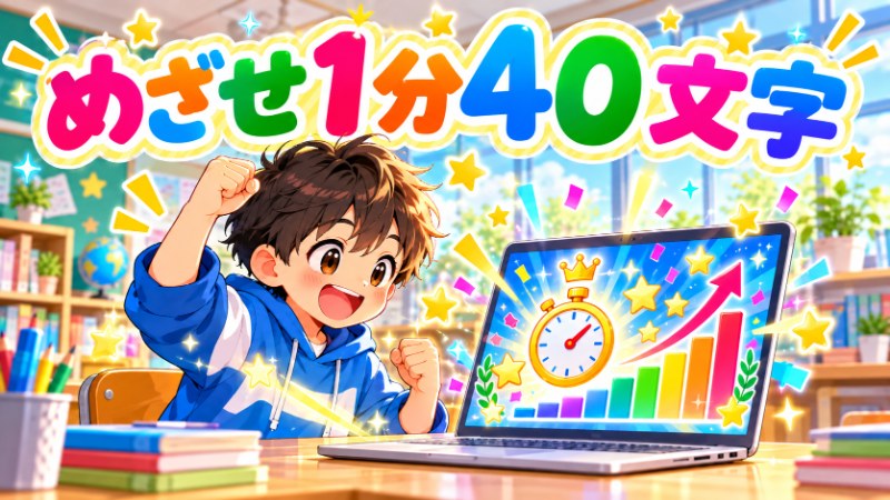 めざせ1分40文字 タイピングゲームのスコアに挑戦する子供のイラスト