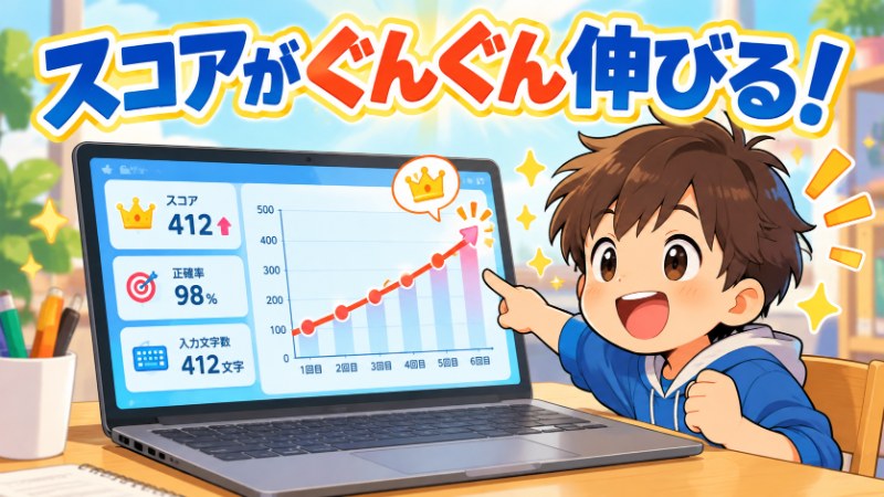 スコアがぐんぐん伸びる タイピングの点数が折れ線グラフで見える化されるイラスト