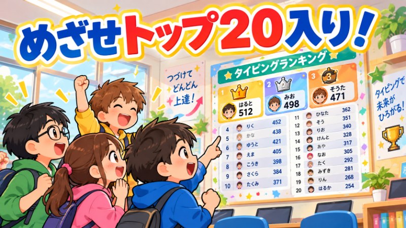 めざせトップ20入り タイピングランキングボードを見上げて盛り上がる子供たちのイラスト